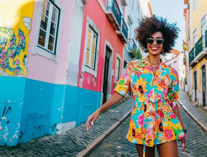 Smiling woman in a bright floral dress walking down a colorful cobblestone street with pink, yellow, and blue painted buildings.