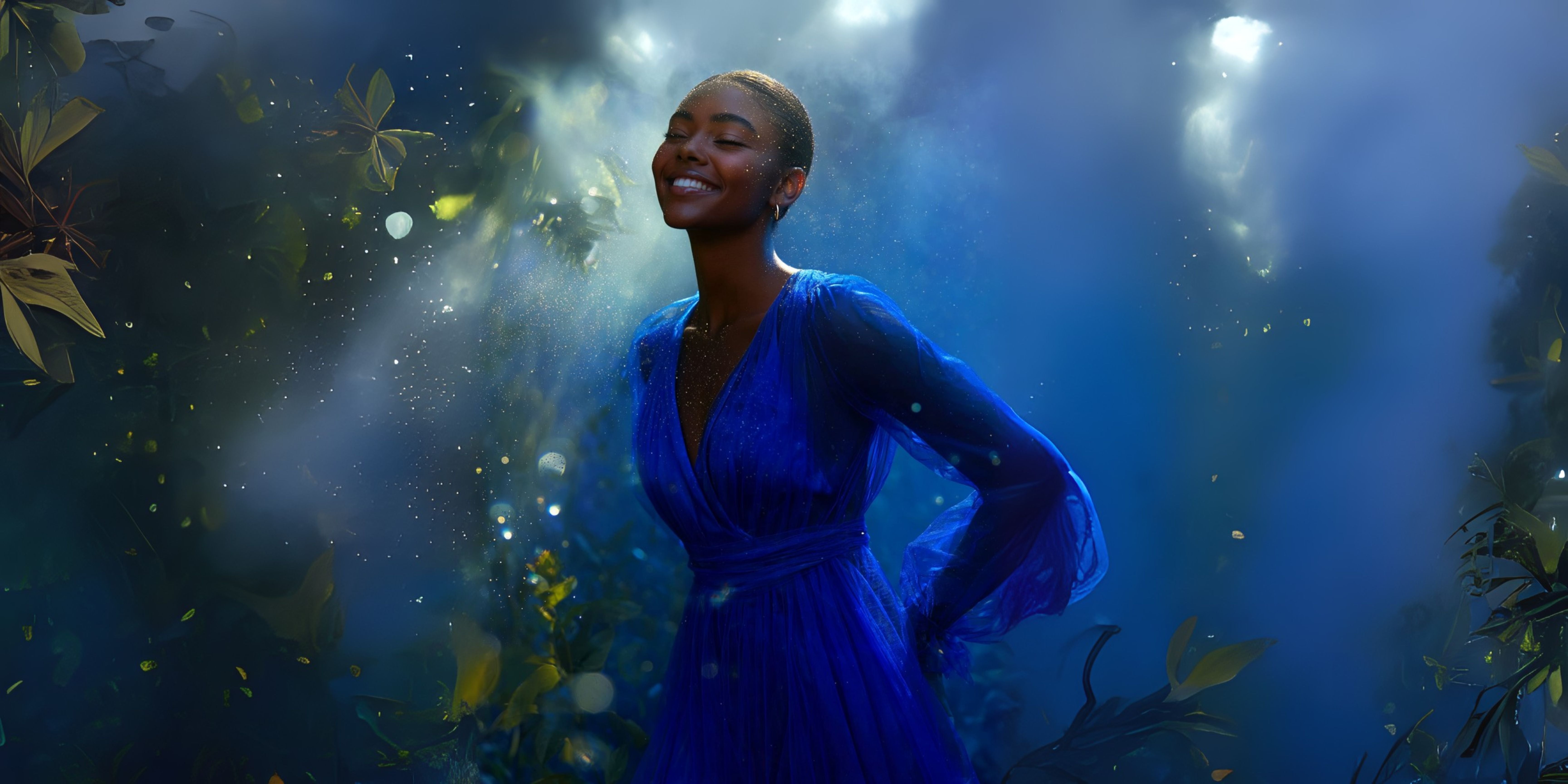 Beautiful dark skinned woman in cobalt blue dress smiling in forest setting