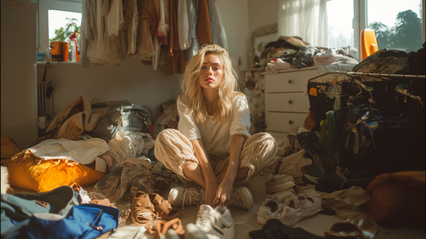 Beautiful blonde woman sitting in messy bedroom