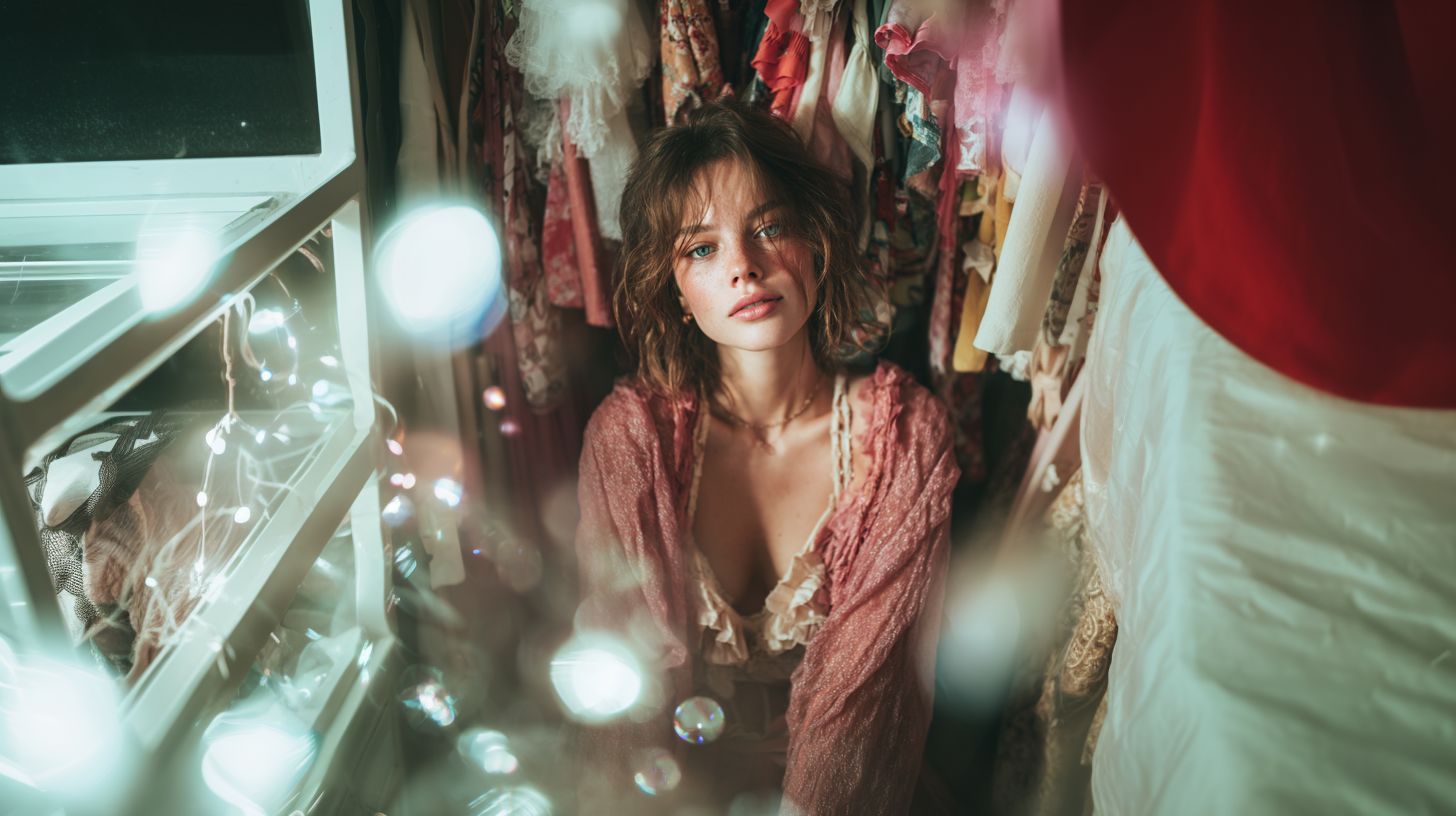 Beautiful brunette woman sitting inside her closet with fairy lights on