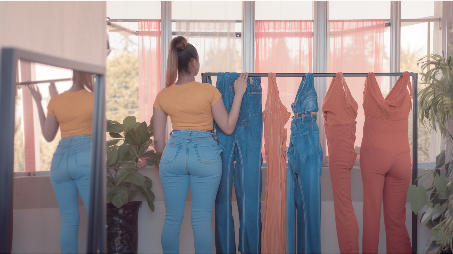 Beautiful curvy hispanic woman looking out window with hand on rack of clothing
