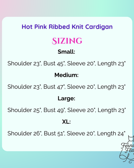 Size chart for a hot pink ribbed knit cardigan with Fernweh Feels branding.