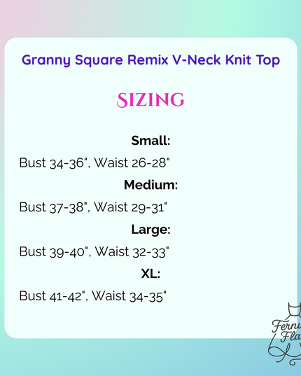 Size chart for a Granny Square Remix V-Neck Knit Top with measurements on a gradient background.