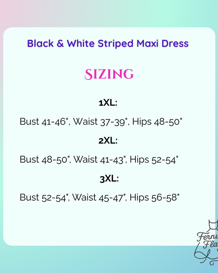 Sizing chart for a black and white striped maxi dress with Fernweh Feathers branding.
