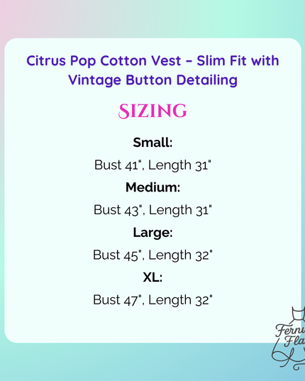 Size chart for Citrus Pop Cotton Vest with Fernweh Feels branding