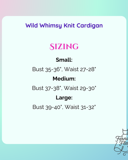 Size chart for Wild Whimsy Knit Cardigan with measurements on a gradient background