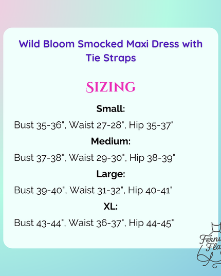 Sizing information for Wild Bloom Smocked Maxi Dress on gradient background.