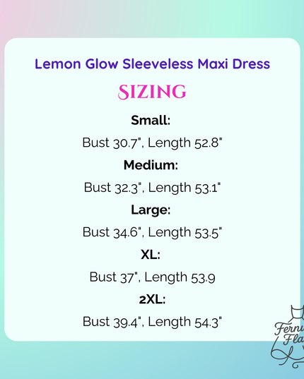 Sizing information for Lemon Glow Maxi Dress on gradient background. 