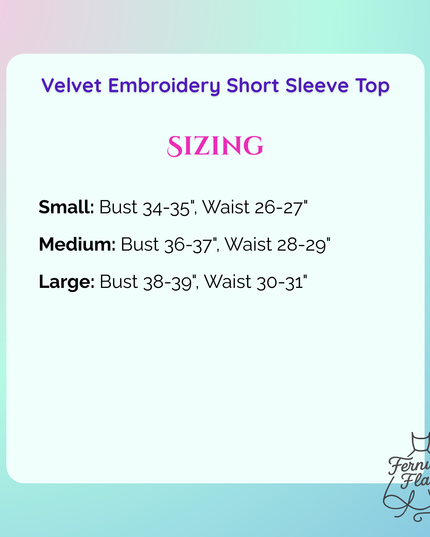Size chart for a velvet embroidery short sleeve top with Fernweh Feathers branding.