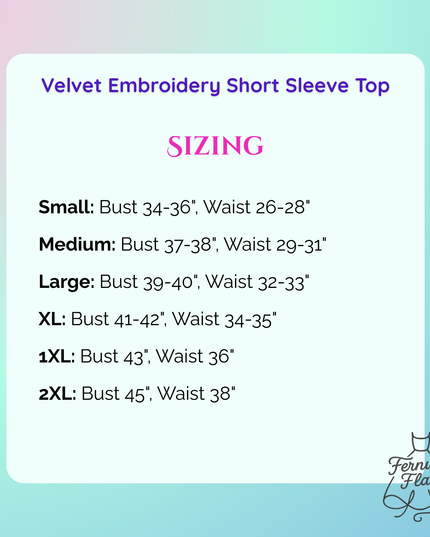 Size chart for a velvet embroidery short sleeve top with Fernweh Feathers branding.