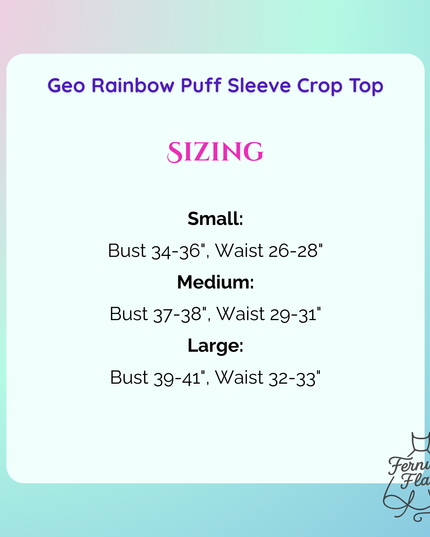 Size chart for a Geo Rainbow Puff Sleeve Crop Top with Fernweh Feathers branding.