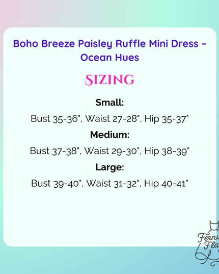 Sizing chart for a Boho Breeze Paisley Ruffle Mini Dress with ocean hues on a gradient background.