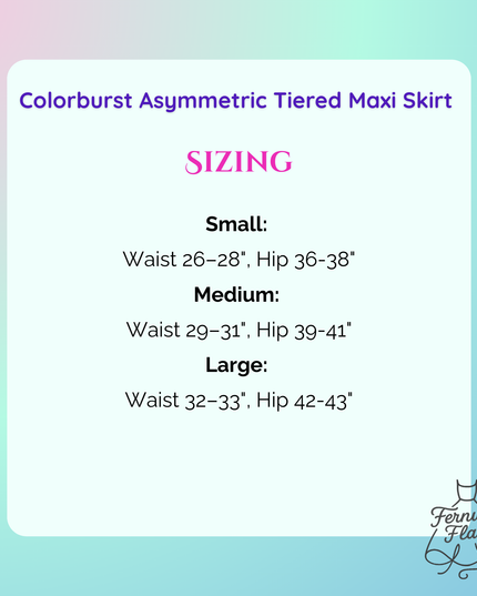 Sizing information for Colorburst Asymmetric Tiered Maxi Skirt on colorful gradient background 