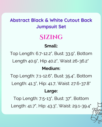 Size chart for an abstract black and white cutout back jumpsuit with measurements on a gradient background.