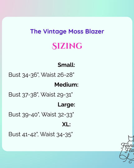 Sizing information for The Vintage Moss Blazer against a gradient background.