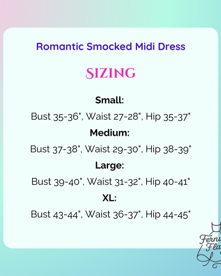 Sizing information for Romantic Smocked Midi Dress on gradient background. 