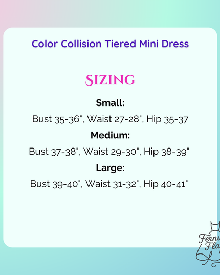 Sizing chart for a 'Color Collision Tiered Mini Dress' with Fernweh Flair branding.