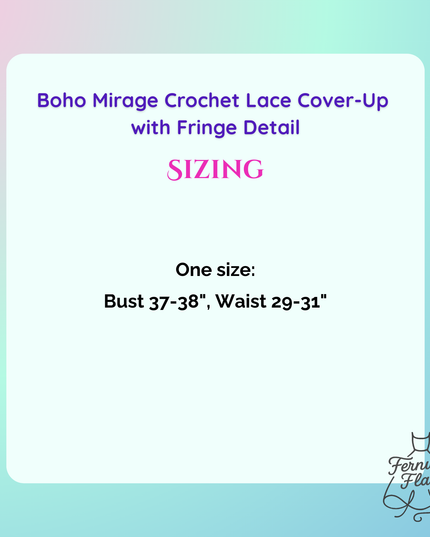 Sizing information for the Boho Mirage Crochet Lace Cover-Up on gradient background. 