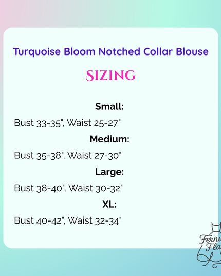 Sizing information for the Turquoise Bloom Notched Collar Blouse on gradient background.