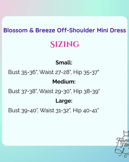 Sizing information for blossom & breeze off-shoulder mini dress.