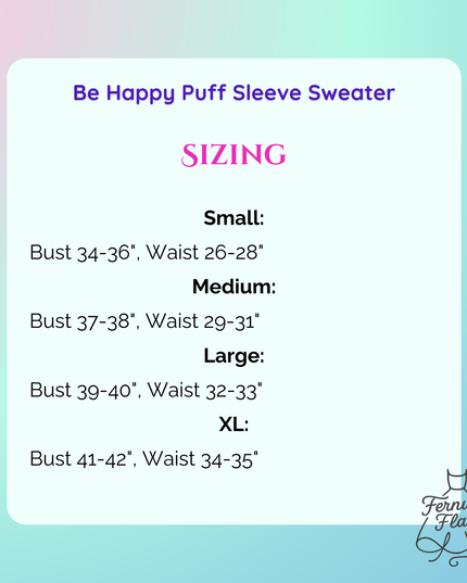 Sizing information for Be Happy Puff Sleeve Sweater on gradient background.