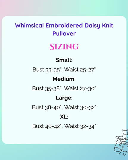 Size chart for a Whimsical Embroidered Daisy Knit Pullover with Fernweh Flair branding.