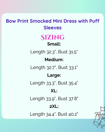 Size chart for a bow print smocked mini dress with puff sleeves on a gradient background.