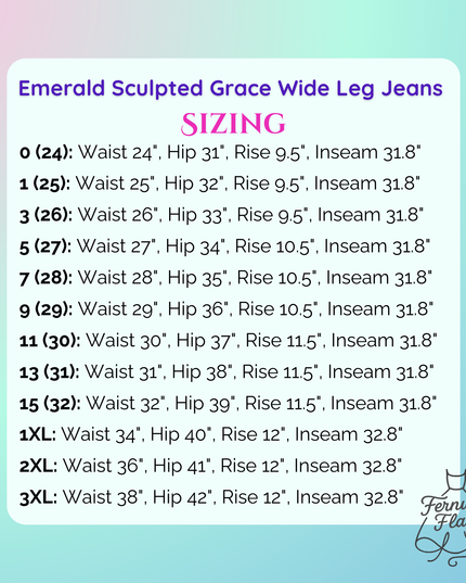 Sizing information for emerald sculpted grace wide leg jeans.