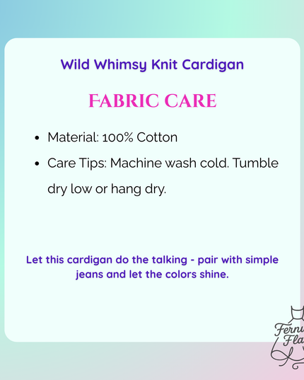 Fabric care information for a Wild Whimsy Knit Cardigan on a gradient background