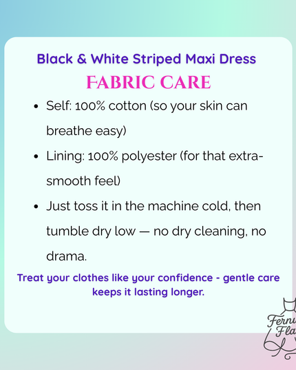 Fabric care information for a black and white striped maxi dress with a gradient background.