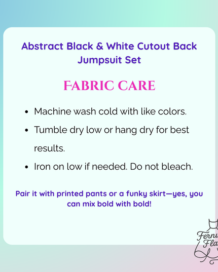Fabric care instructions for an abstract black and white cutout back jumpsuit set on a gradient background.