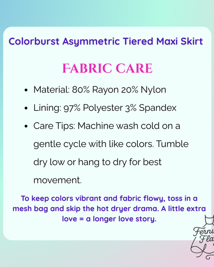 Fabric care information for Colorburst Asymmetric Tiered Maxi Skirt on colorful gradient background 
