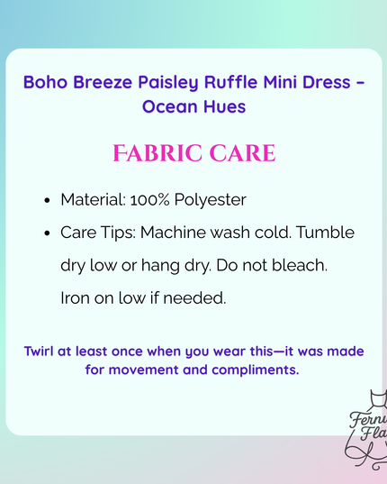 Fabric care label for a Boho Breeze Paisley Ruffle Mini Dress with ocean hues on a gradient background.