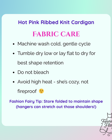 Fabric care instructions for a hot pink ribbed knit cardigan on a gradient background