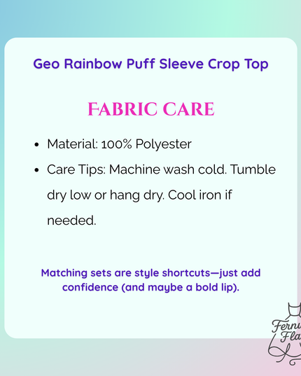 Fabric care label for Geo Rainbow Puff Sleeve Crop Top with text on a gradient background