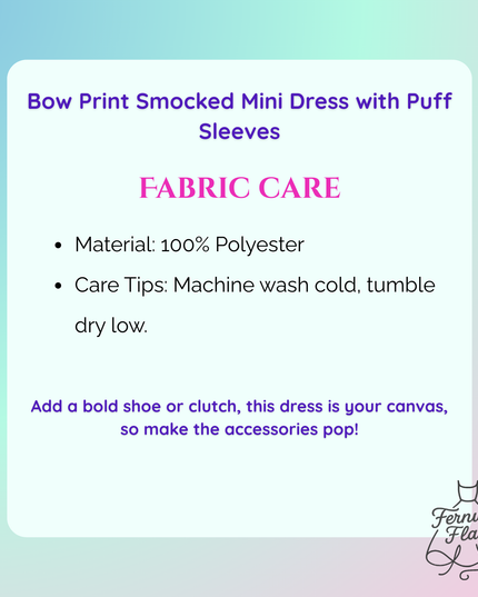 Fabric care label for a bow print smocked mini dress with puff sleeves on a gradient background.