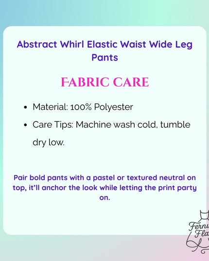 Fabric care label for abstract whirl elastic waist wide leg pants with text and brand logo.