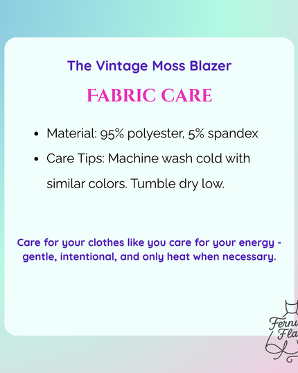 Fabric care information for The Vintage Moss Blazer against a gradient background.