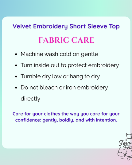 Fabric care instructions for a velvet embroidery short sleeve top on a gradient background with 'Fernweh Fear' branding.