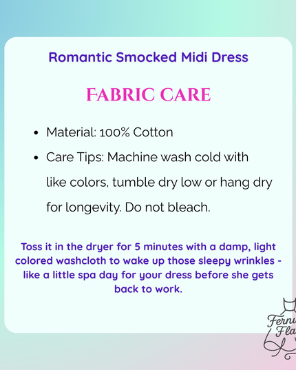Fabric care information for Romantic Smocked Midi Dress on gradient background. 