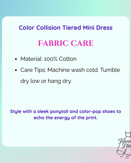 Fabric care information for a 'Color Collision Tiered Mini Dress' with a gradient background.