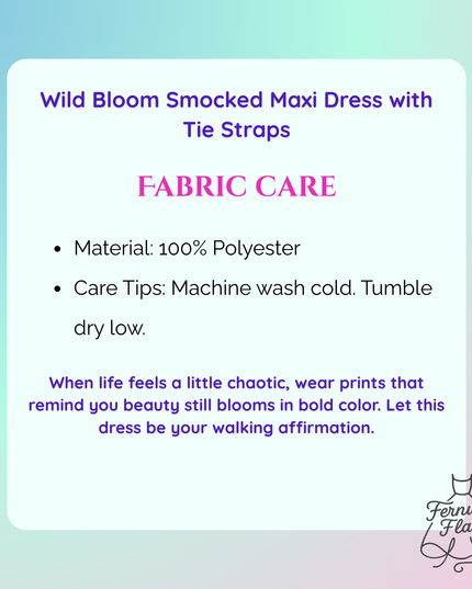 Fabric care information for Wild Bloom Smocked Maxi Dress on gradient background.