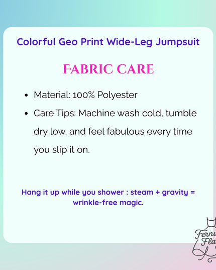 Fabric care instructions for a colorful geo print wide-leg jumpsuit on a gradient background.