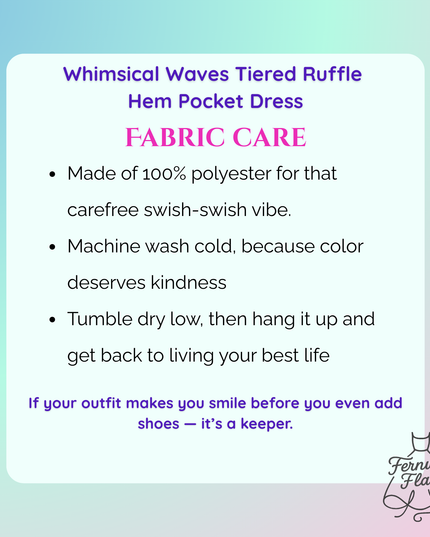 Fabric care instructions for a whimsical waves tiered ruffle hem pocket dress on a gradient background.
