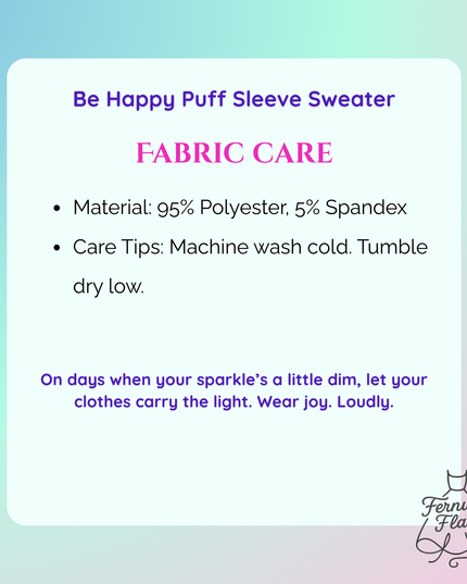 Fabric care information for Be Happy Puff Sleeve Sweater on gradient background.