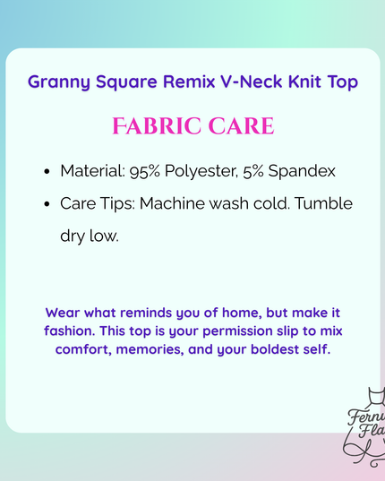 Fabric care label for a Granny Square Remix V-Neck Knit Top with text and gradient background.