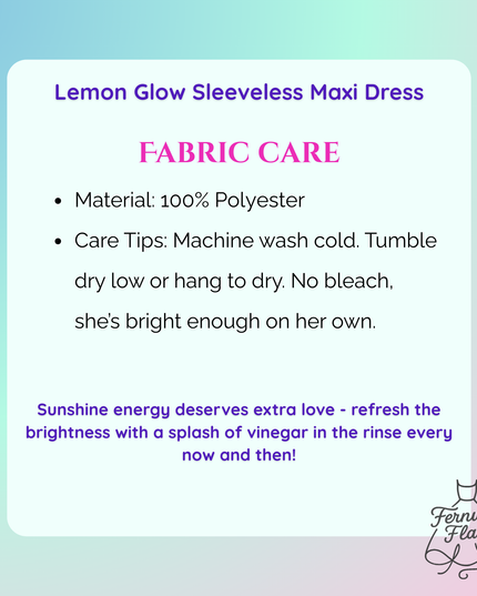 Fabric care information for Lemon Glow Maxi Dress on gradient background. 