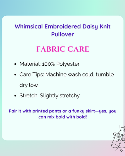 Fabric care label for a whimsical embroidered daisy knit pullover with text and a brand logo.