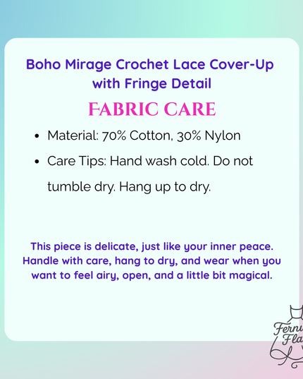 Sizing information for the Boho Mirage Crochet Lace Cover-Up on gradient background. 