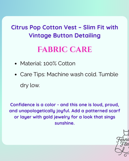 Fabric care information for a Citrus Pop Cotton Vest with a gradient background